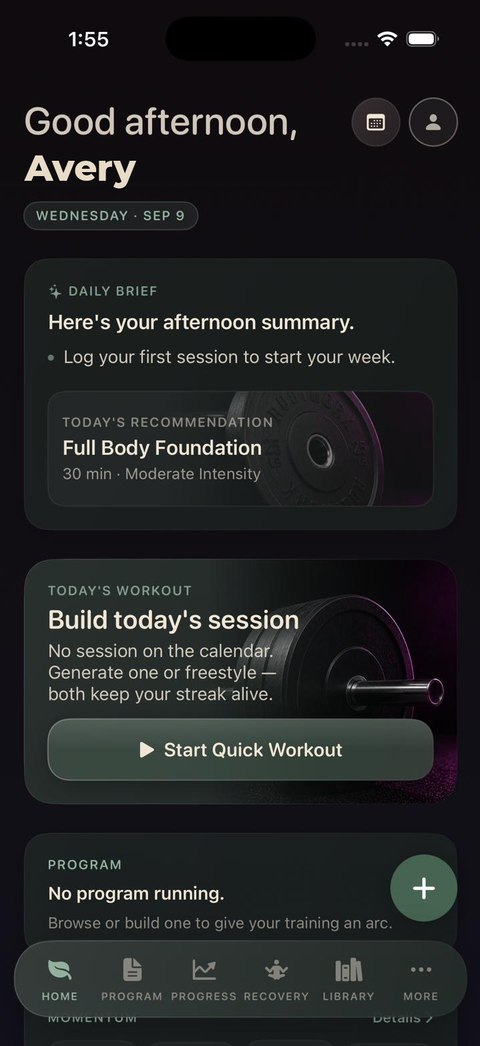 Rootwork home screen showing today's workout and daily brief