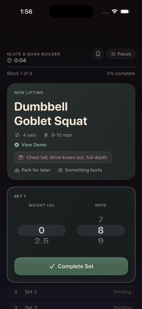 Rootwork live workout logger showing an active set